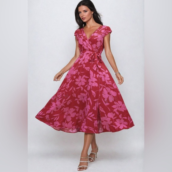 Red Floral Print Wrap Hem Belted Dress - Picture 5 of 10